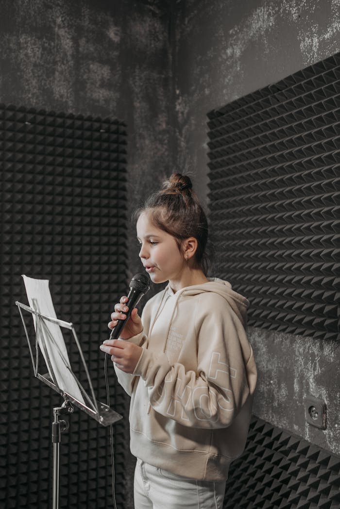A young girl rehearses lyrics in a soundproof studio with a microphone and music stand.